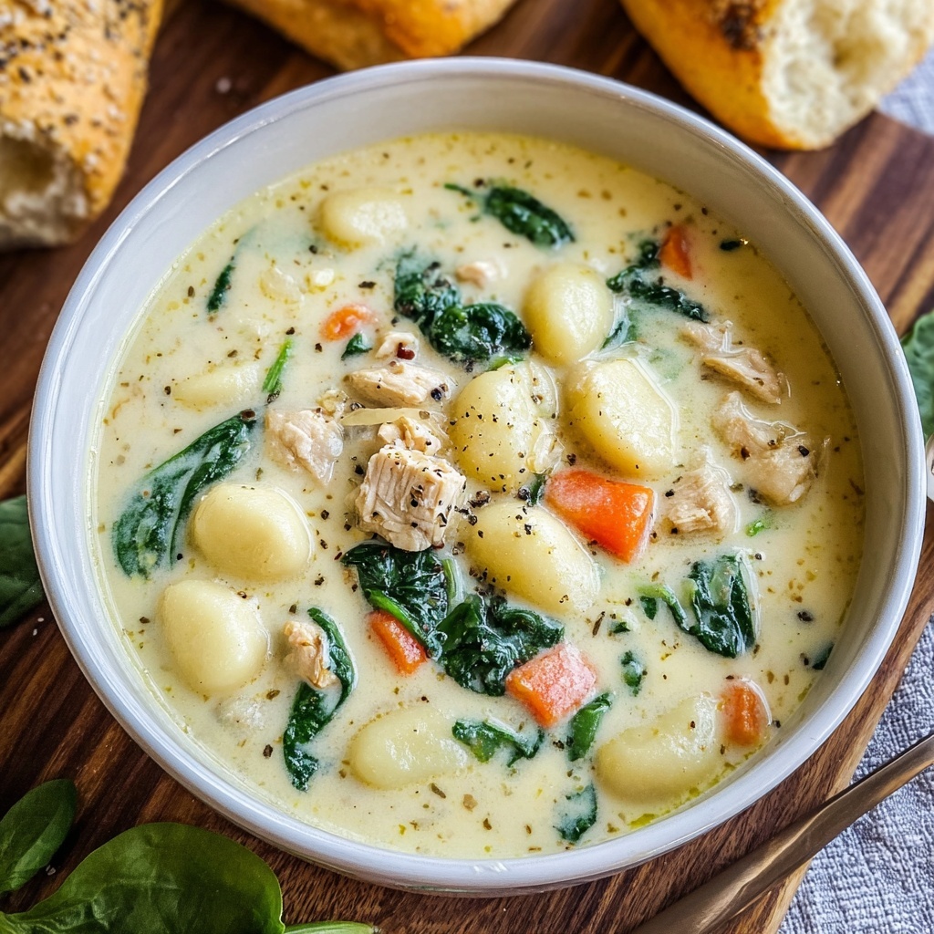 Final bowl of creamy Olive Garden Chicken Gnocchi Soup garnished with grated Parmesan cheese and fresh herbs, served with crusty bread on a rustic wooden table