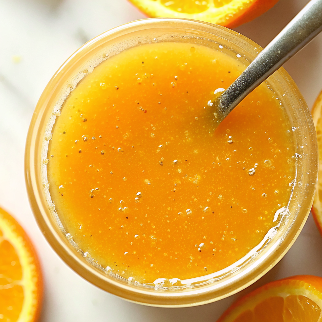 Beautiful orange vinaigrette in a glass bottle with fresh oranges and herbs in the background