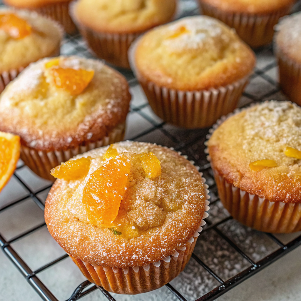 Finished orange and cardamom muffins with golden tops and sparkling sugar, displayed on a cooling rack