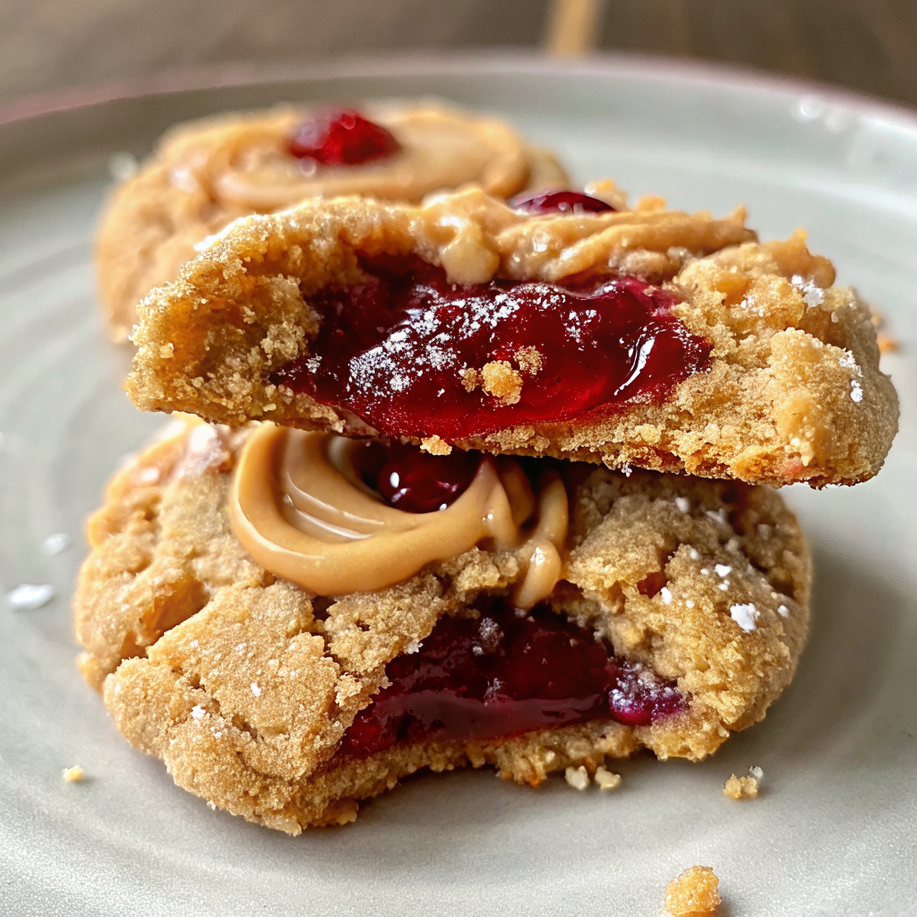 Stunning final presentation of Peanut Butter and Jelly Cookies arranged on an elegant white serving platter with artistic peanut butter drizzles and fresh strawberry garnishes