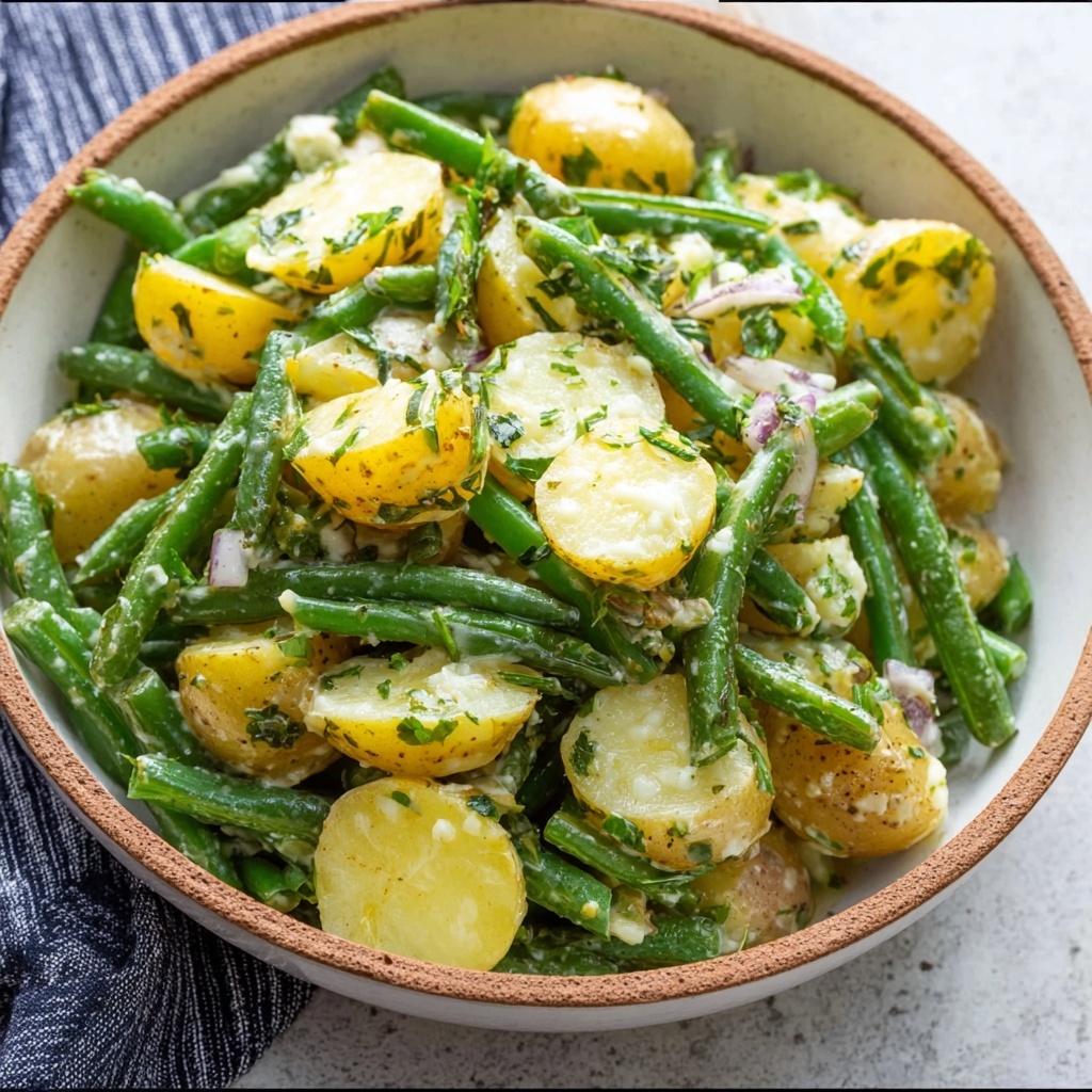 Beautiful finished Quick Green Bean Potato Salad served in a white ceramic bowl, garnished with fresh chives and showing the vibrant colors of green beans and golden potatoes
