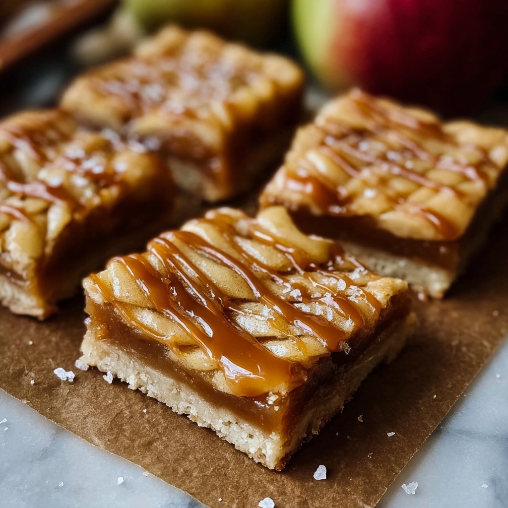 Finished Salted Caramel Apple Pie Bars cut into perfect squares with glossy caramel drizzle and golden streusel topping on white serving plate