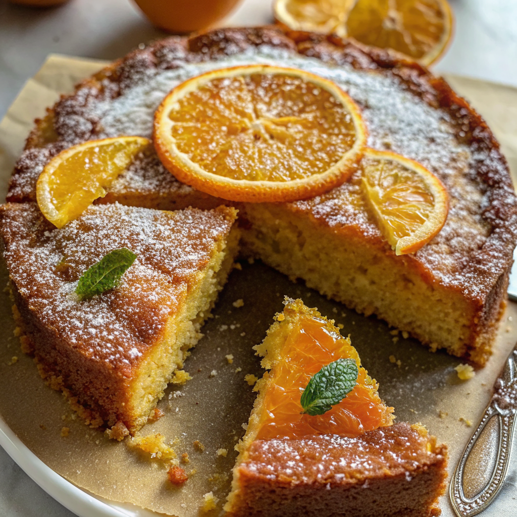 Beautiful golden Sicilian Whole Orange Cake on a white serving plate, dusted with powdered sugar and garnished with orange segments