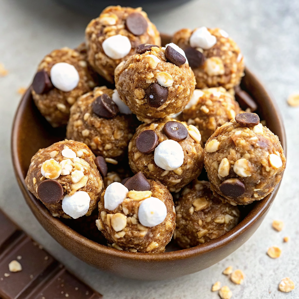 Beautifully arranged S'mores Energy Bites on an elegant serving platter with perfect lighting showcasing their golden color and textural details