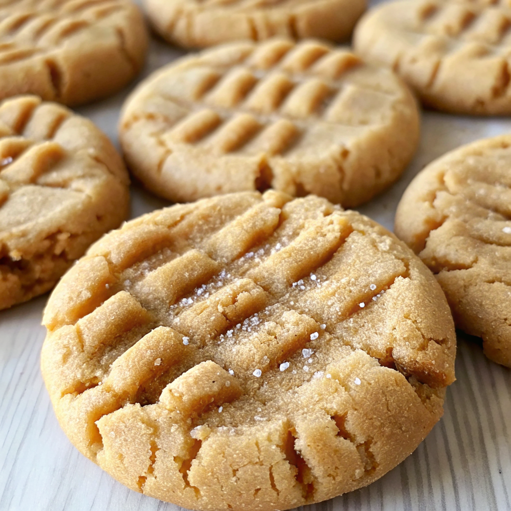 Stack of golden brown soft chewy peanut butter cookies with classic fork marks on a rustic wooden cutting board