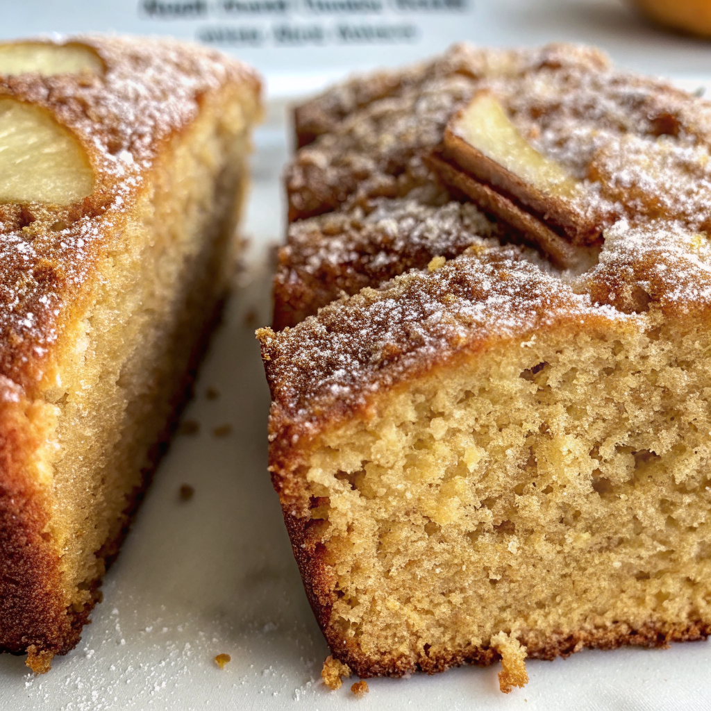 Sliced sourdough apple cider donut quick bread with golden cinnamon sugar coating displayed on a rustic wooden board with apple cider in background