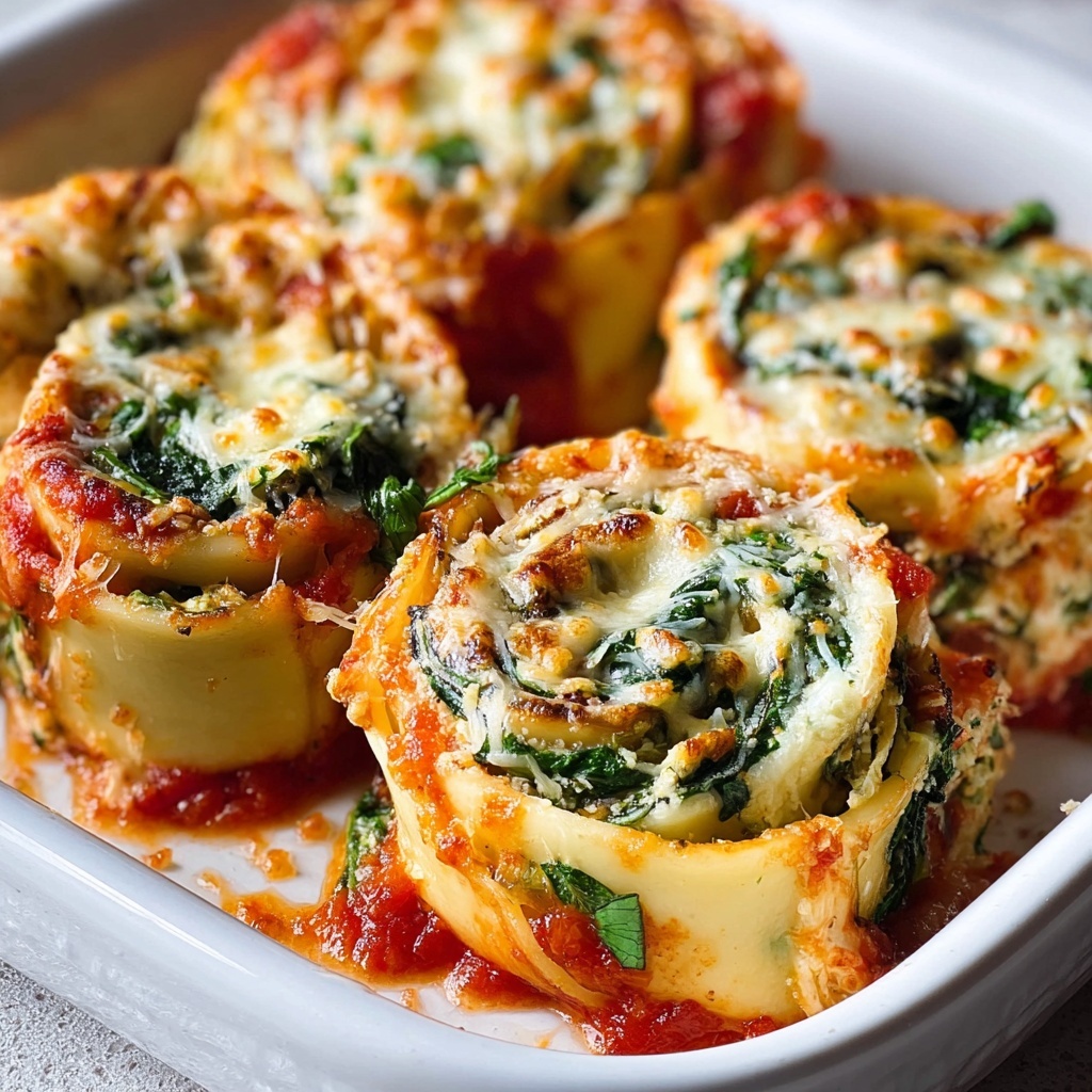 Beautiful golden brown Spinach and Cheese Lasagna Pinwheels arranged in a baking dish, showing perfect spiral patterns and melted cheese