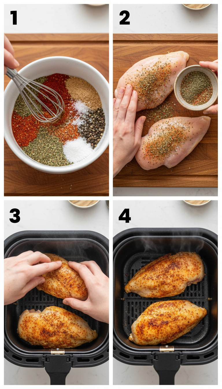 Step-by-step visual guide showing seasoned chicken breasts being prepared and cooked in an air fryer