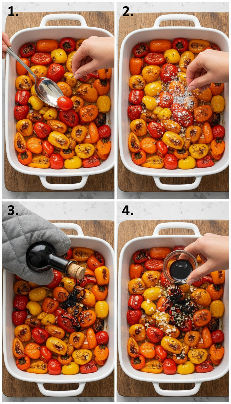 Step-by-step process showing mini peppers being prepared, seasoned, and roasted in the oven