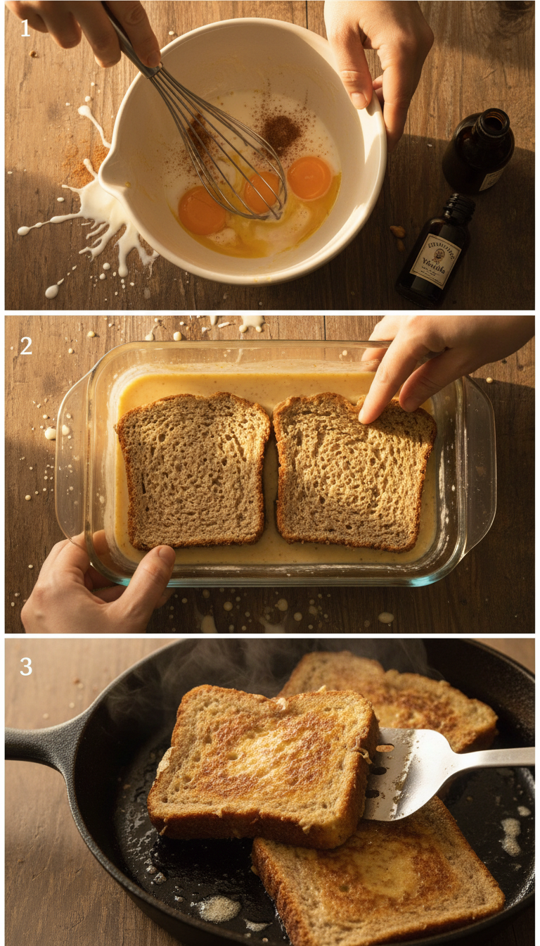 Step-by-step process showing banana bread slices soaking in golden custard mixture and cooking to perfect golden brown