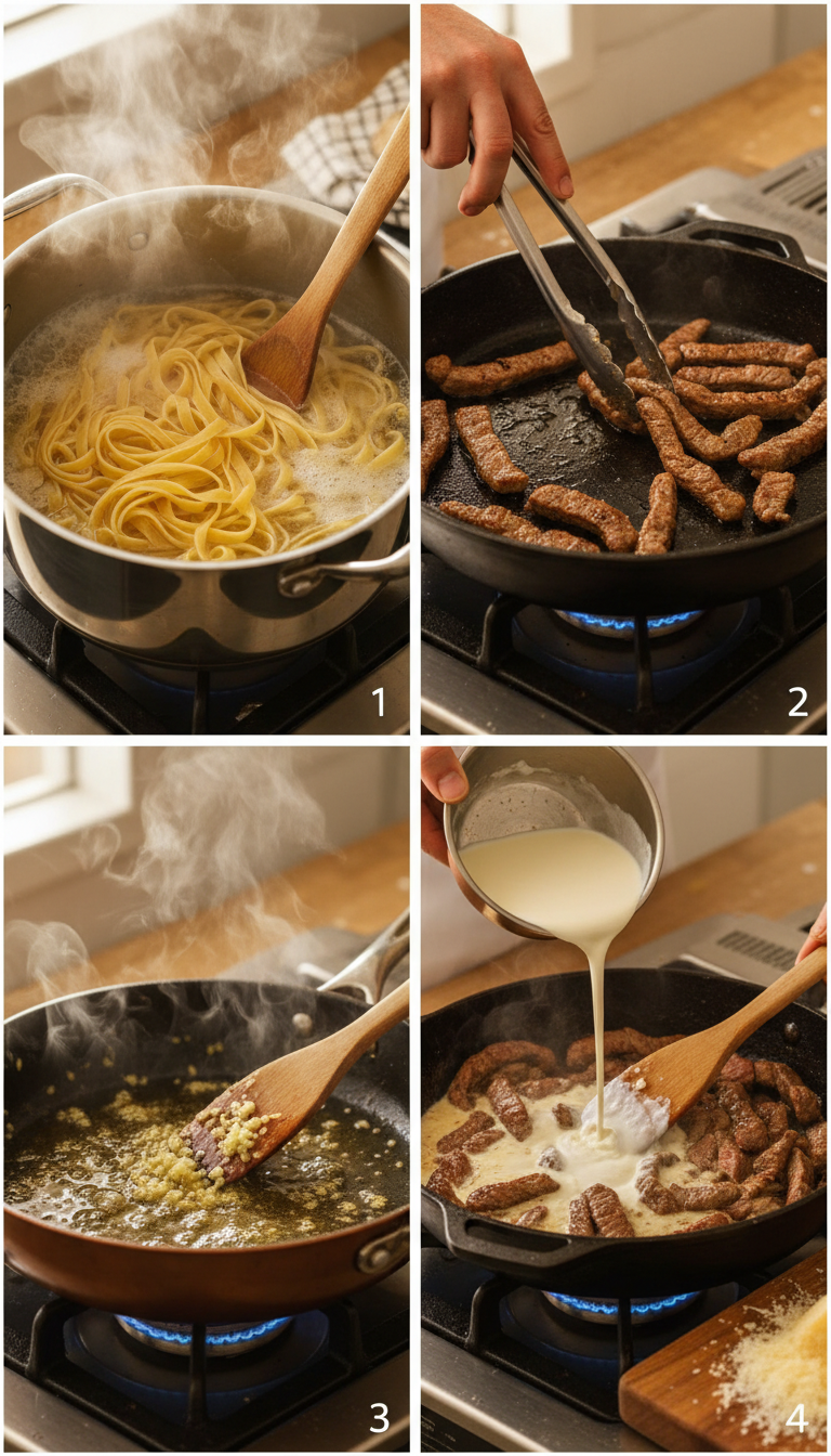 Step by step cooking process showing pasta boiling, beef browning, and creamy sauce coming together