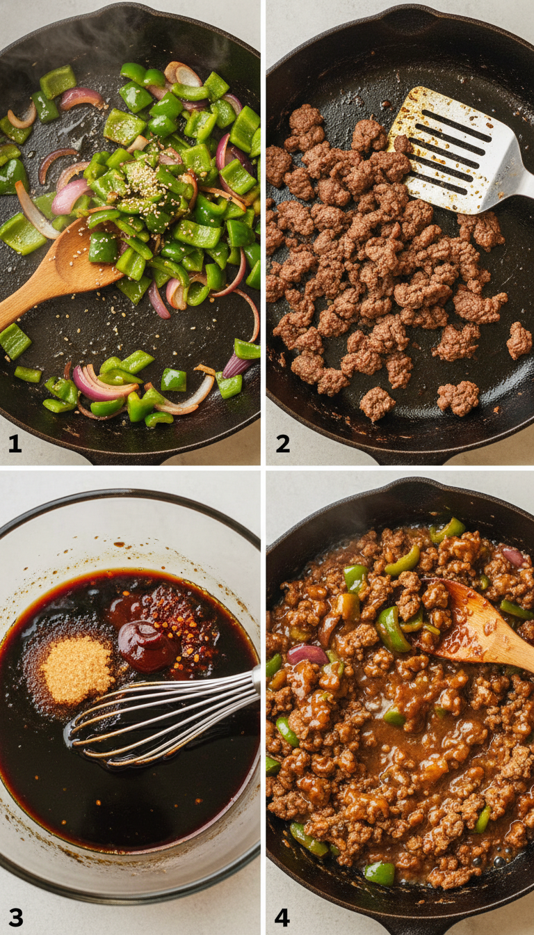 Step by step process of cooking Beef and Peppers Skillet showing vegetables sautéing, beef browning, and final dish simmering