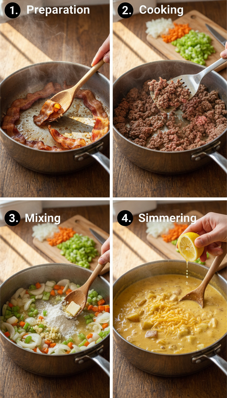 Step-by-step process of making cheeseburger soup showing browning beef, adding vegetables, and stirring in cheese