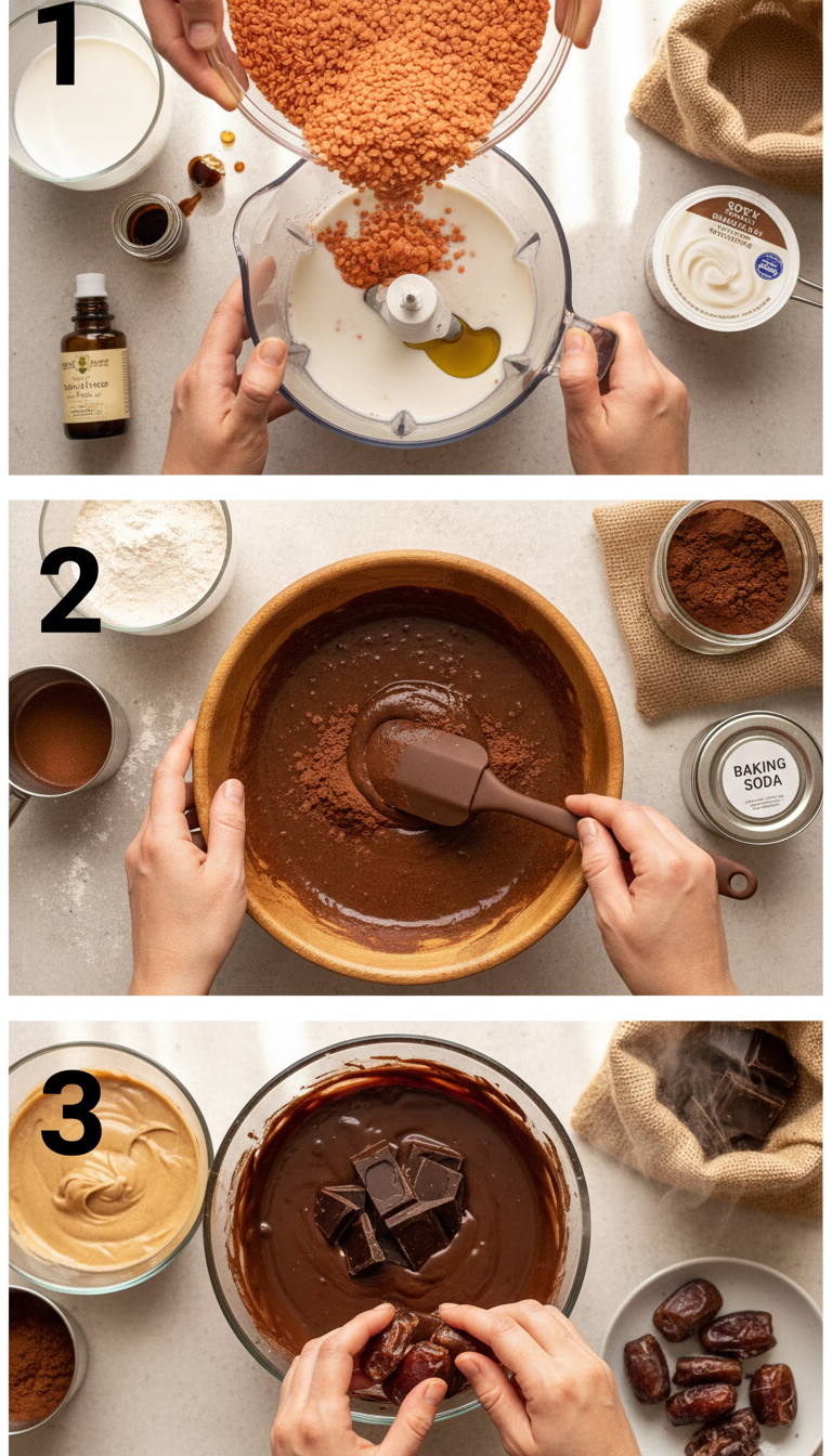 Step-by-step process of making chocolate protein cake showing mixing bowls, blended lentils, and baking process