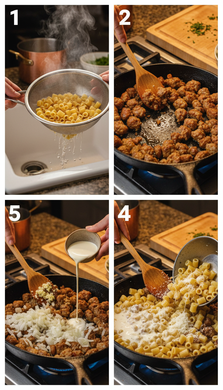 Step by step process of making creamy marry me ditalini sausage pasta