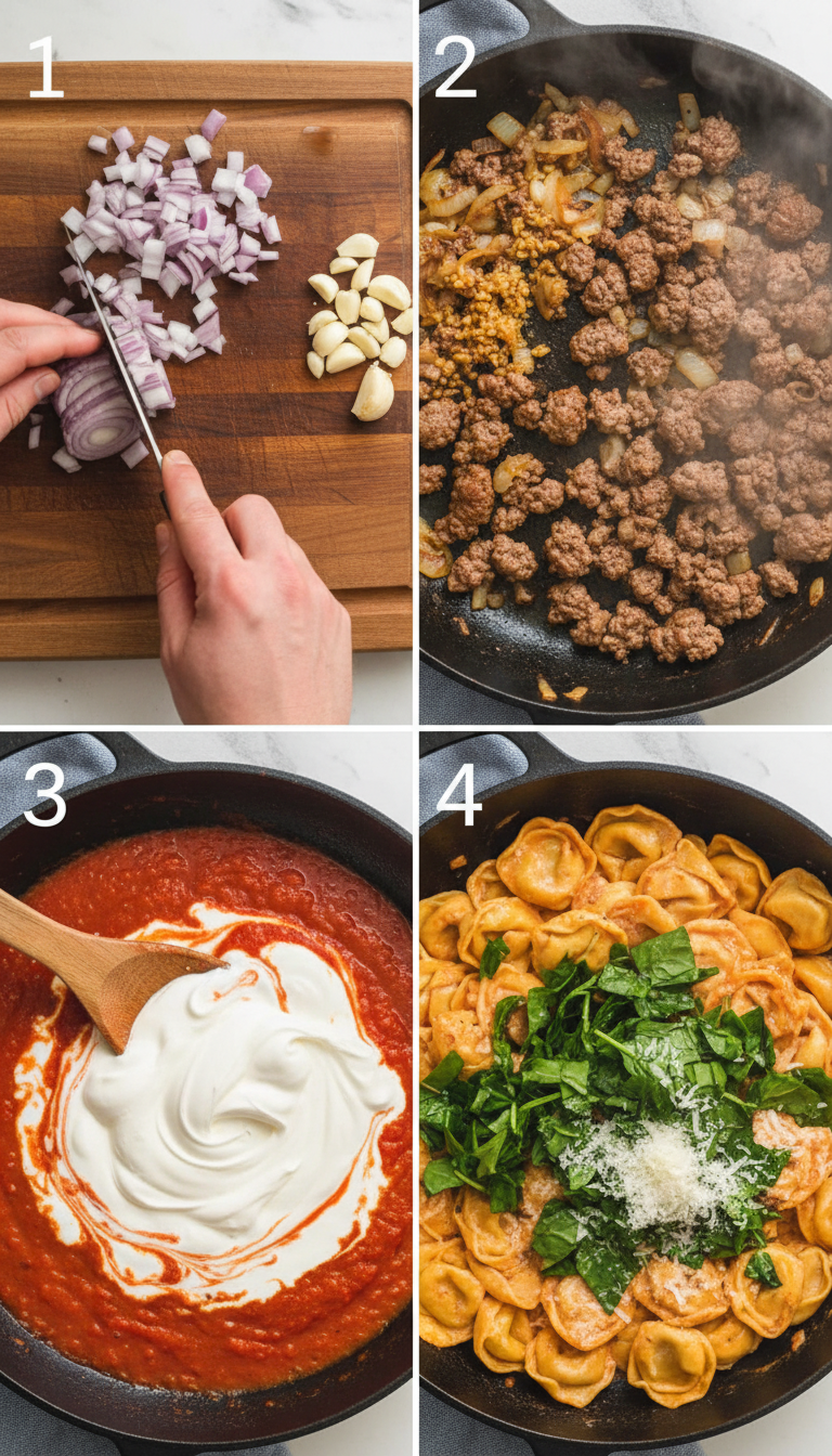 Step-by-step cooking process for Creamy Spinach Tomato Tortellini Recipe showing professional cooking techniques