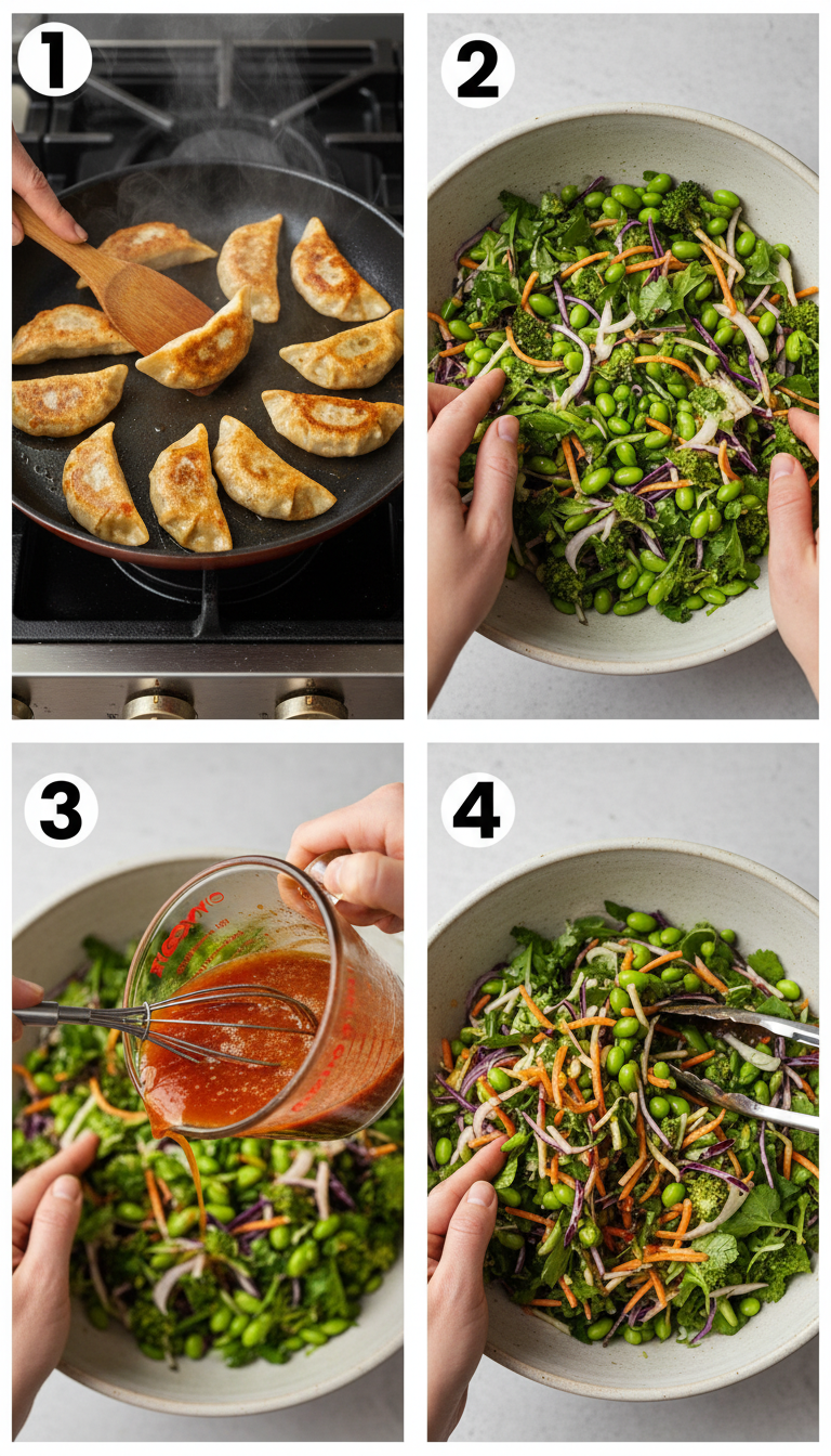 Step by step process of making dumpling salad showing crispy golden dumplings, colorful vegetables, and final plated presentation
