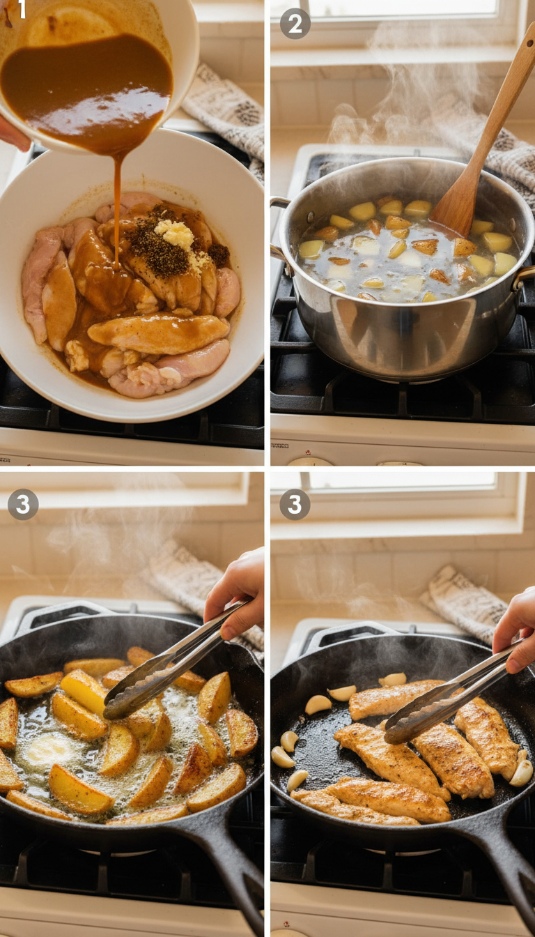 Step by step process of making Garlic Butter Chicken and Potatoes in a cast iron skillet