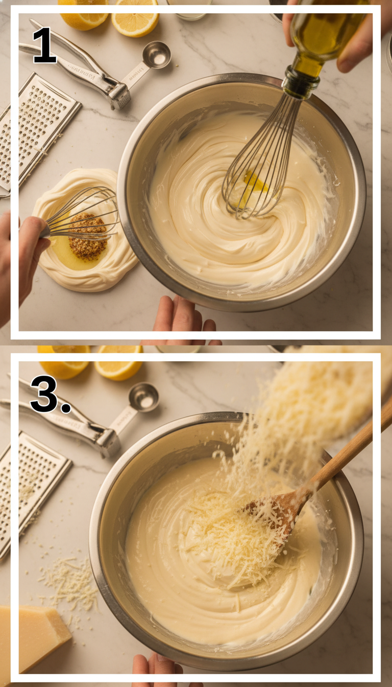 Step-by-step process of making Caesar dressing showing whisking ingredients and slowly adding olive oil