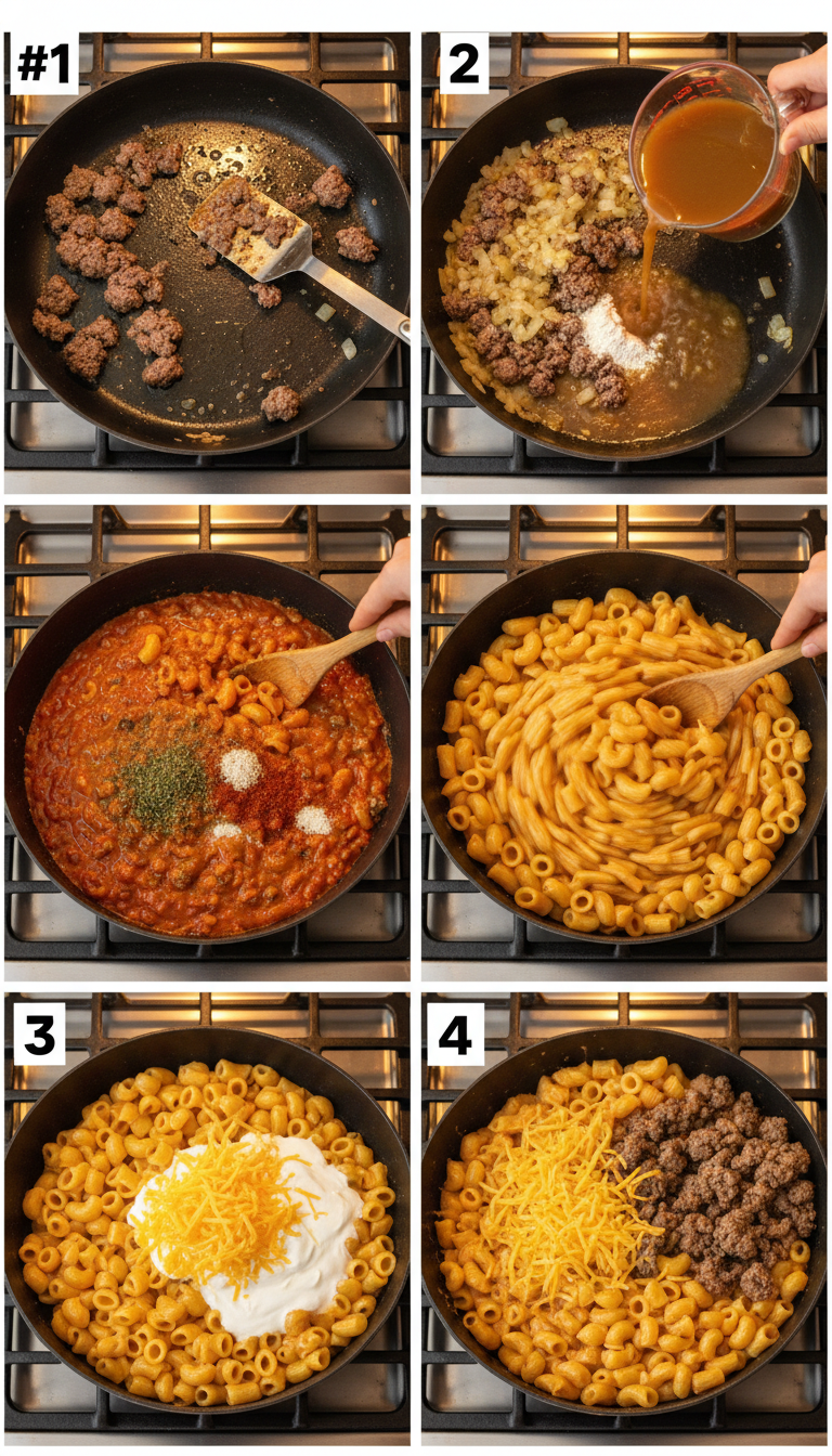 Step by step process of making homemade hamburger helper showing browning beef, adding ingredients, and final creamy pasta dish