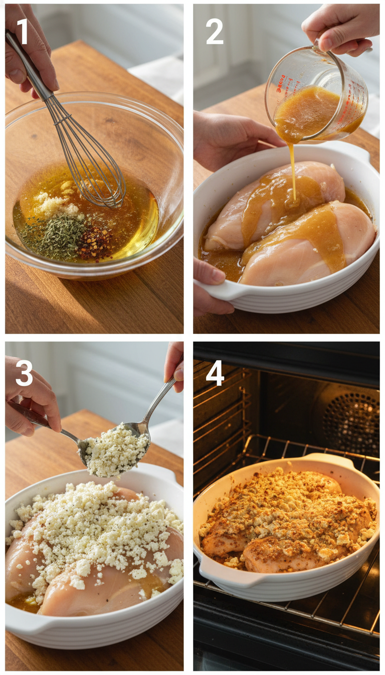 Step by step preparation of hot honey feta chicken showing marinated chicken, feta mixture preparation, and final baked dish with golden cheese topping