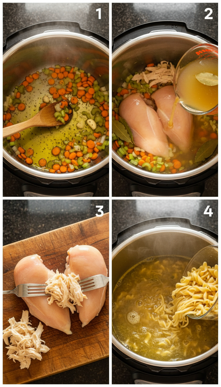 Step-by-step process of making Instant Pot Chicken Noodle Soup showing sautéed vegetables, adding broth and chicken, pressure cooking, and final assembly