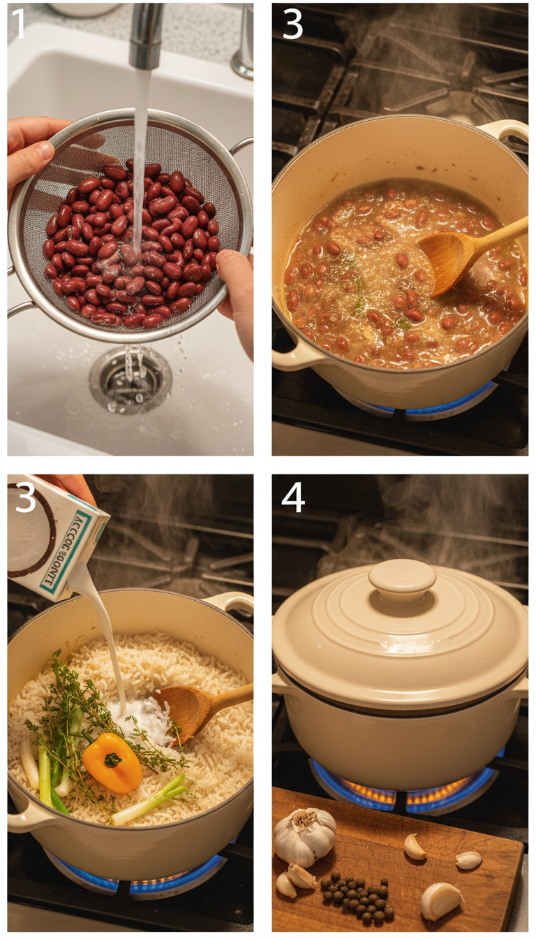 Step by step process of making Jamaican rice and peas showing beans cooking, adding rice and coconut milk, and final dish