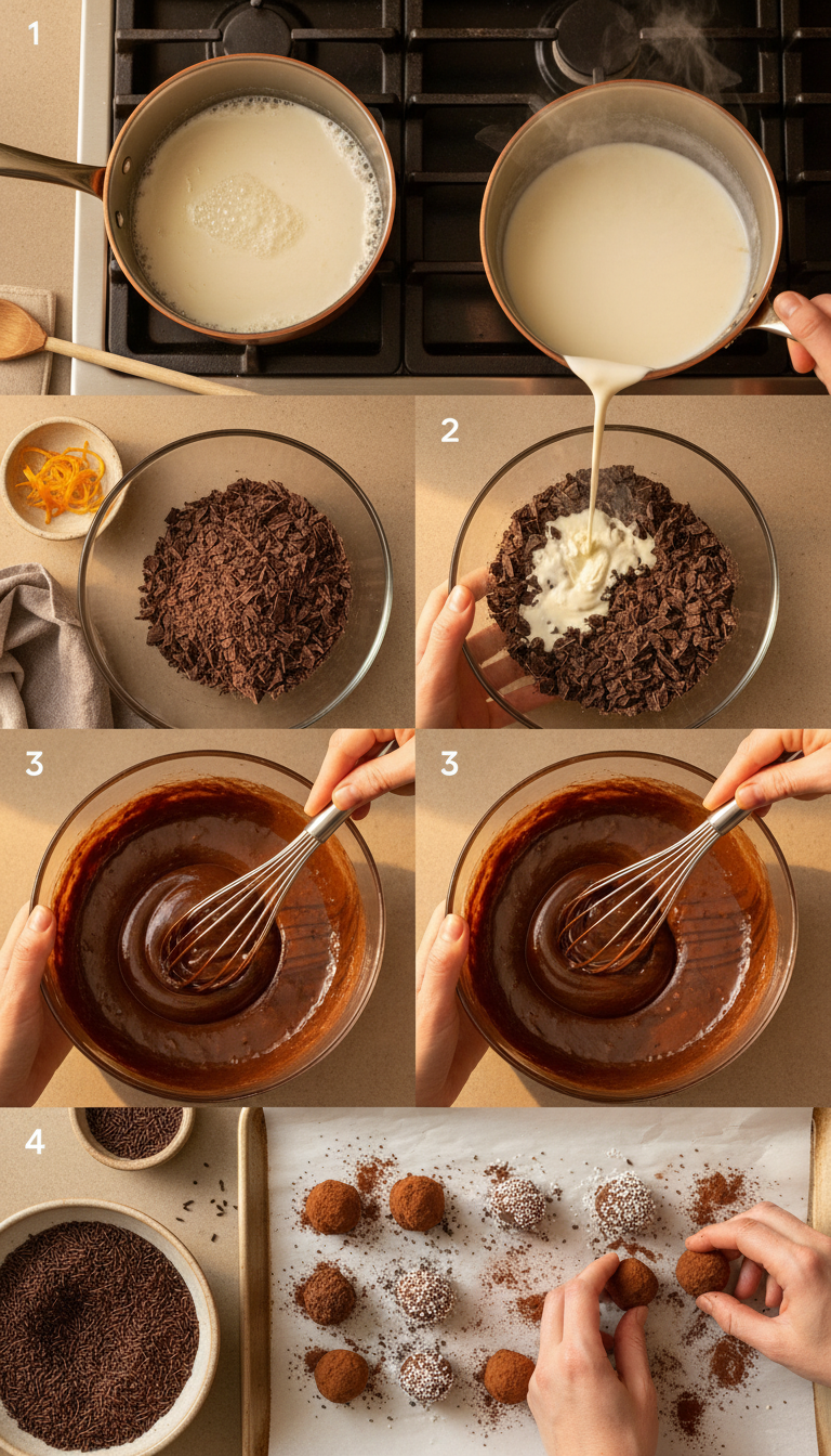 Step-by-step visual guide showing the process of making Juicy Orange Chocolate Christmas Truffles from heating cream to final coating