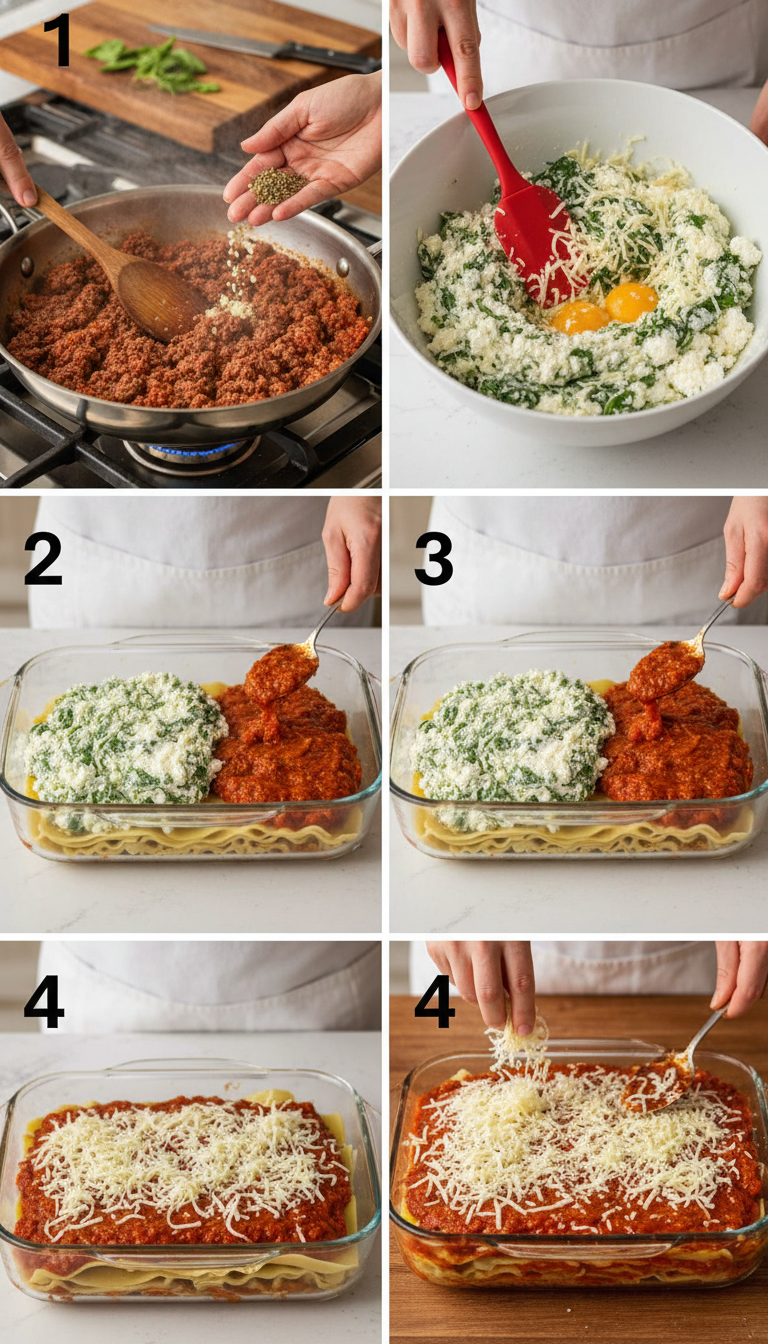 Step by step process of layering Meaty Lasagna with Cottage Cheese showing distinct layers and assembly technique