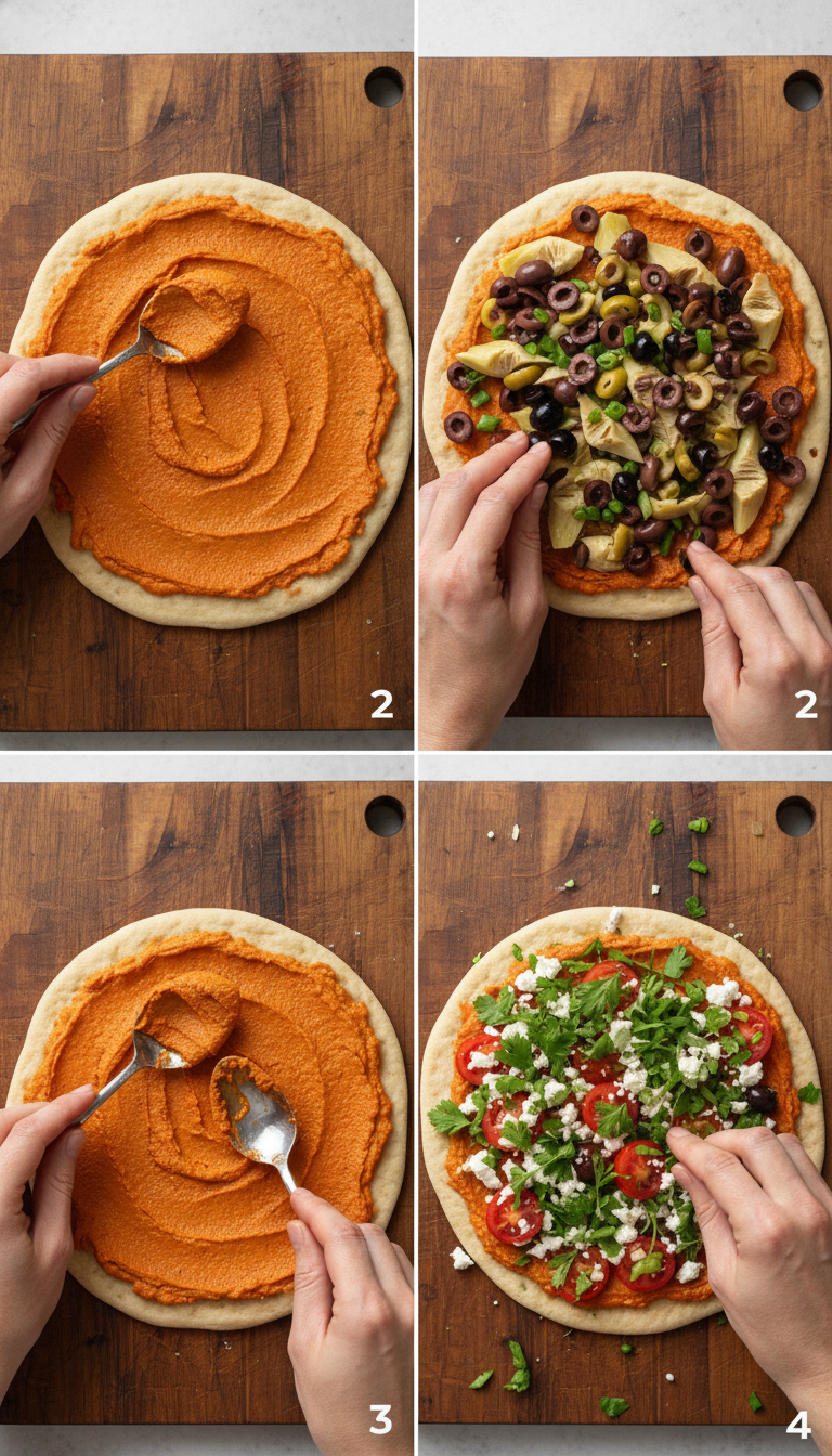 Step by step process showing Mediterranean naan bread pizza assembly and plating techniques