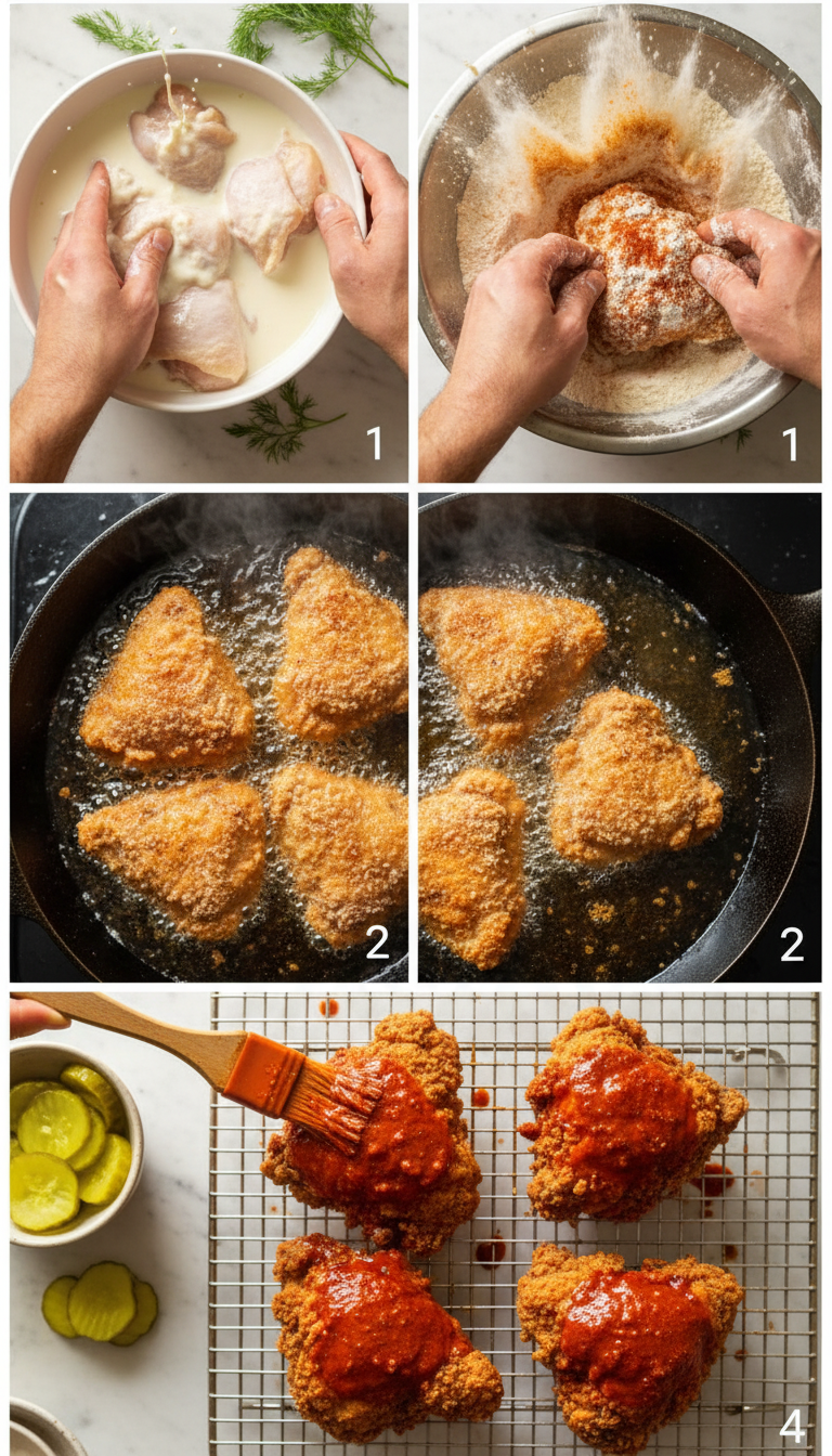 Step-by-step process photos showing chicken marinating, dredging, frying, and hot paste application for Nashville Hot Chicken