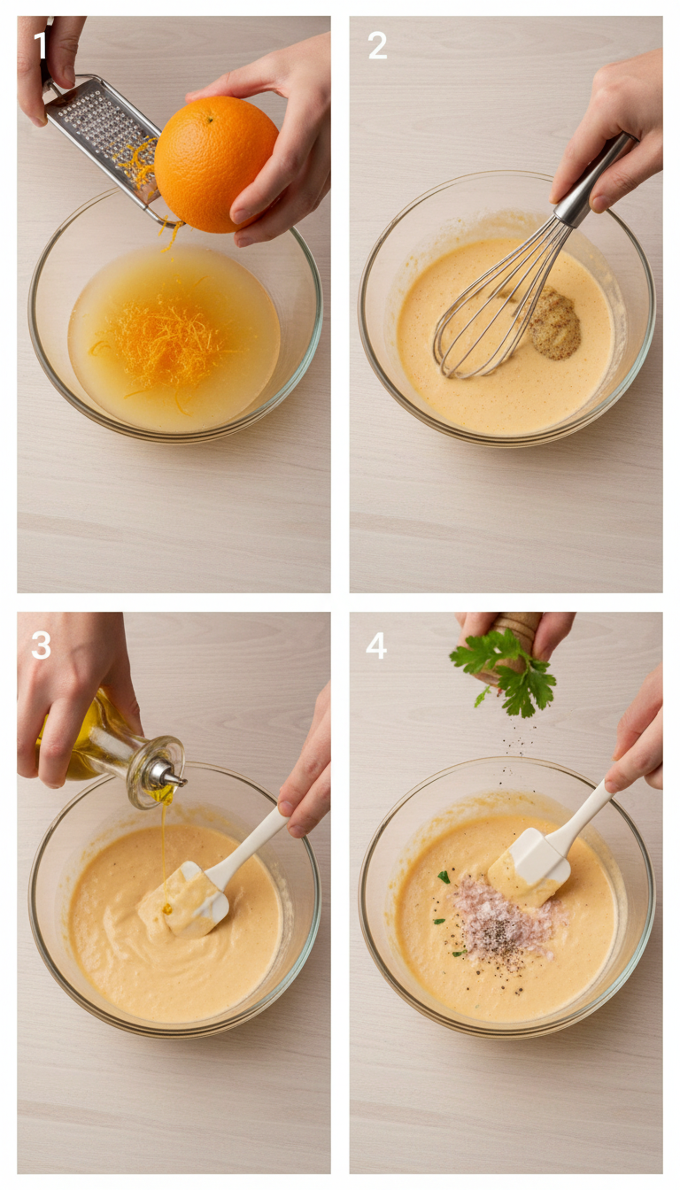 Step-by-step process of making orange vinaigrette showing whisking ingredients and slowly adding olive oil