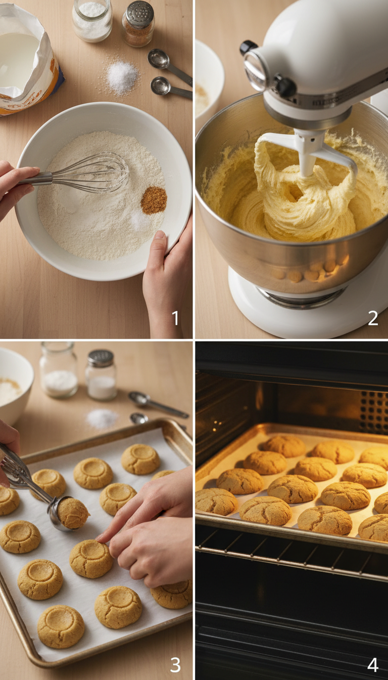 Step-by-step visual guide showing the preparation stages of Peanut Butter and Jelly Cookies from mixing to final presentation