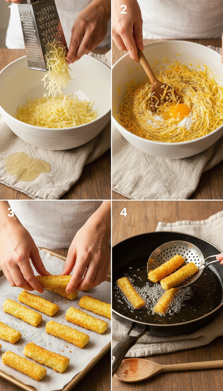 Step by step process showing grated potatoes being mixed with cheese and formed into sticks