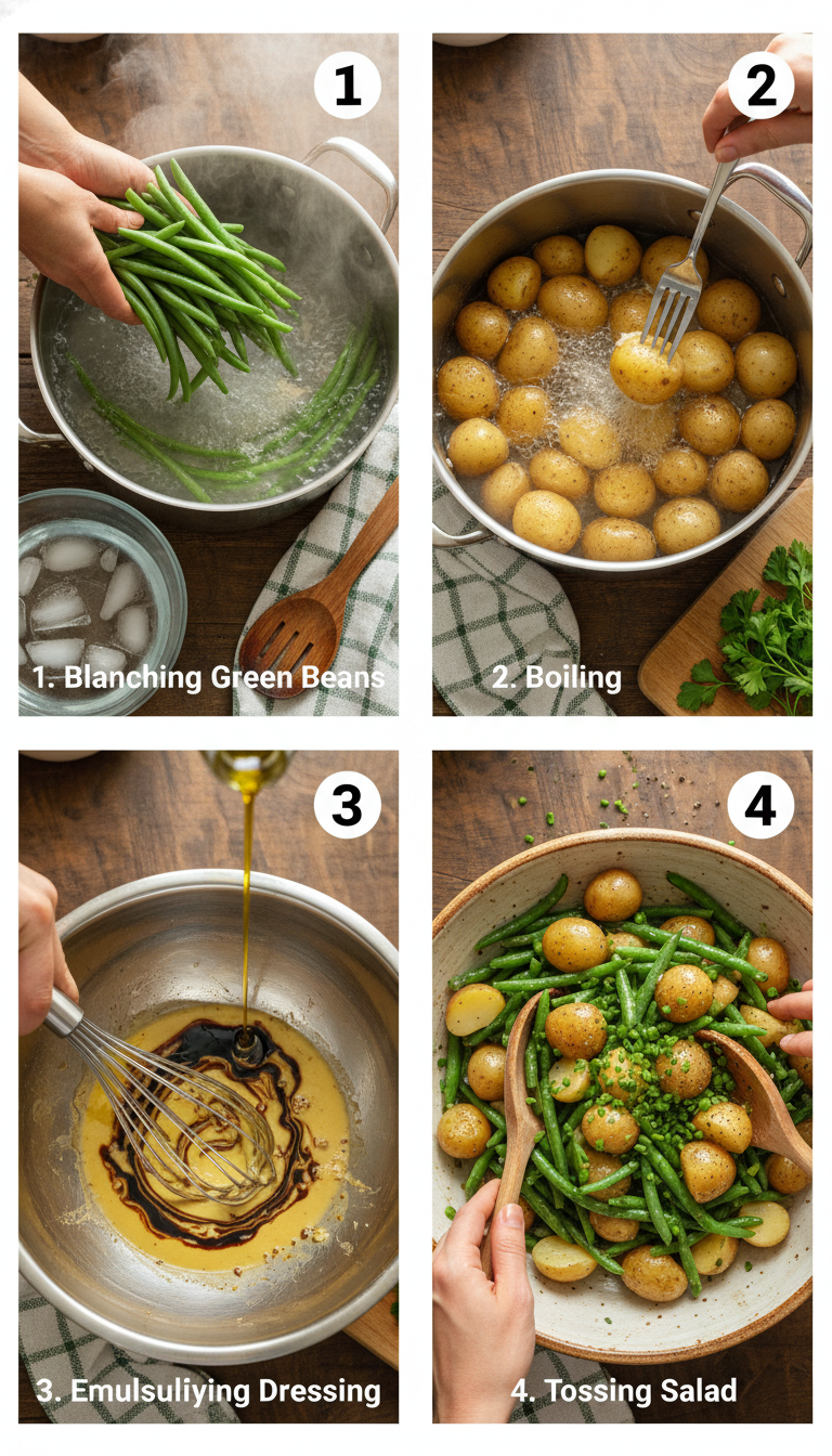 Step-by-step process of making Quick Green Bean Potato Salad showing blanched green beans, boiled potatoes, and dressing preparation