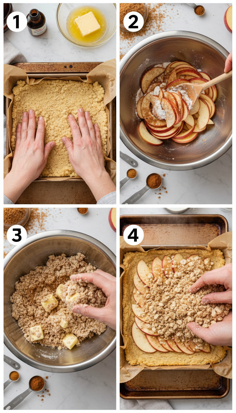 Step by step process showing crust preparation, apple layering, streusel topping, and final caramel drizzle for Salted Caramel Apple Pie Bars
