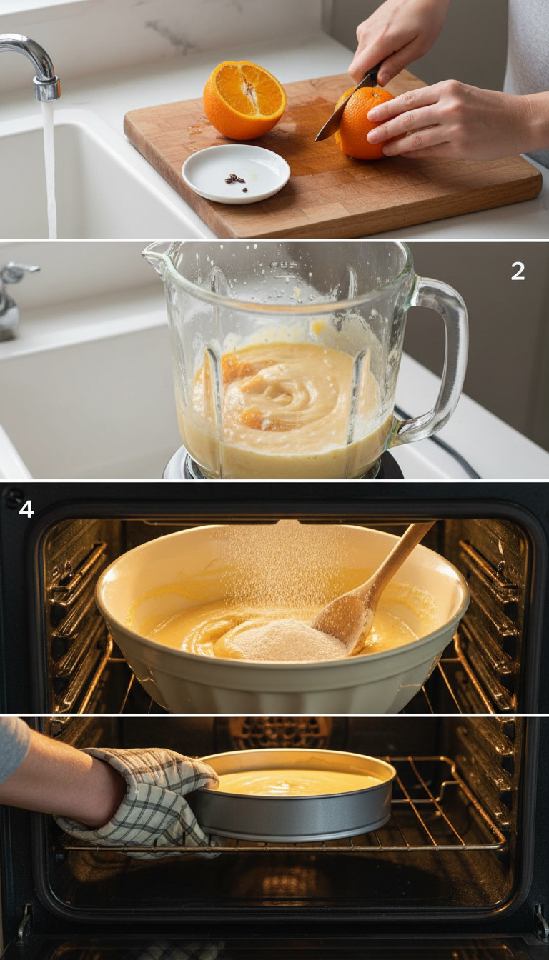 Step-by-step preparation photos showing orange being blended, batter mixing, and final cake in pan