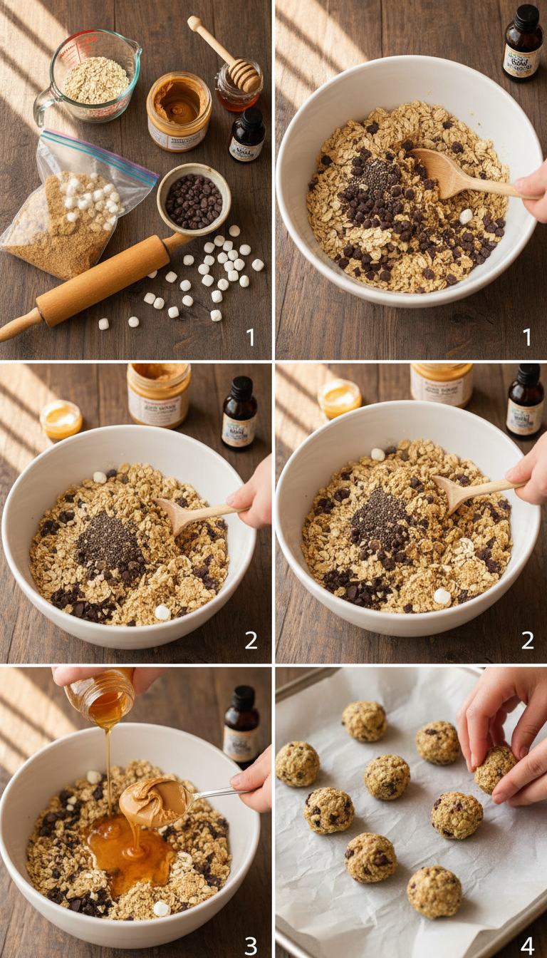 Step-by-step visual guide showing the process of making S'mores Energy Bites from mixing to final presentation