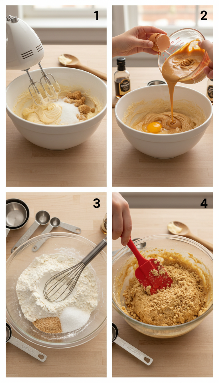 Step-by-step process of making soft chewy peanut butter cookies showing mixing, shaping, and baking stages