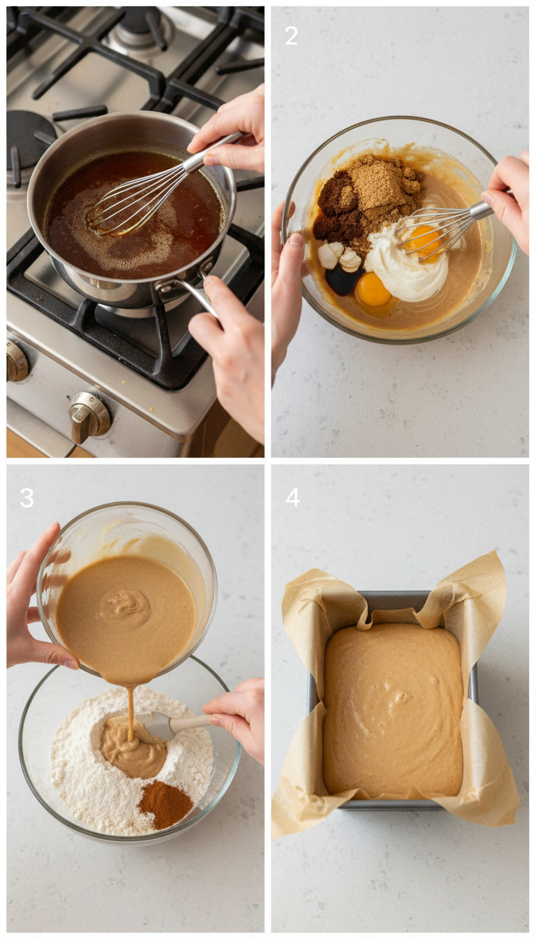 Step by step process showing apple cider reduction, mixing ingredients, and the finished baked loaf with cinnamon sugar coating