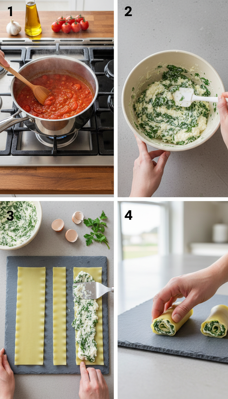 Step-by-step process of assembling Spinach and Cheese Lasagna Pinwheels showing noodle preparation, filling spreading, and rolling technique