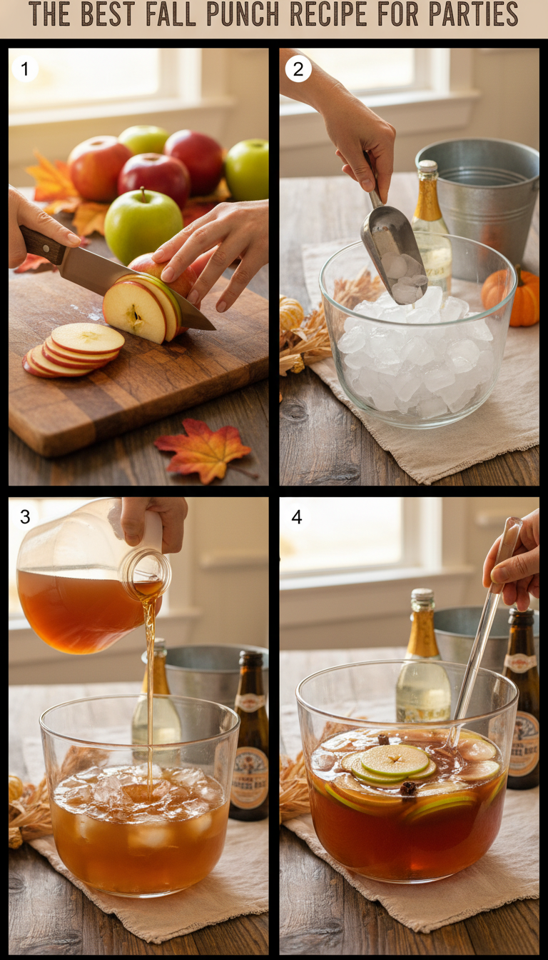 Step by step process of making fall punch showing ingredients being combined in a large glass punch bowl