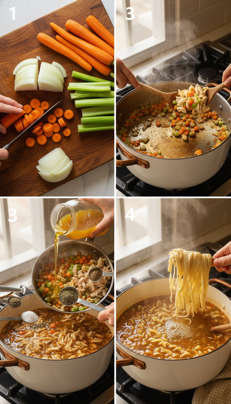 Step by step process of making homemade chicken noodle soup showing diced vegetables, sautéing process, and final soup