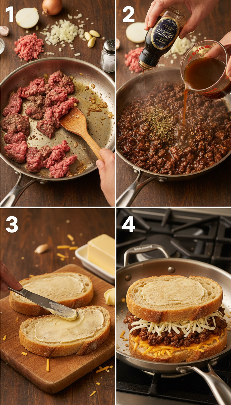 Step-by-step process of making Ultimate Cheesy Ground Beef Melt showing beef cooking in skillet, bread assembly with cheese and filling, and final golden grilled sandwich