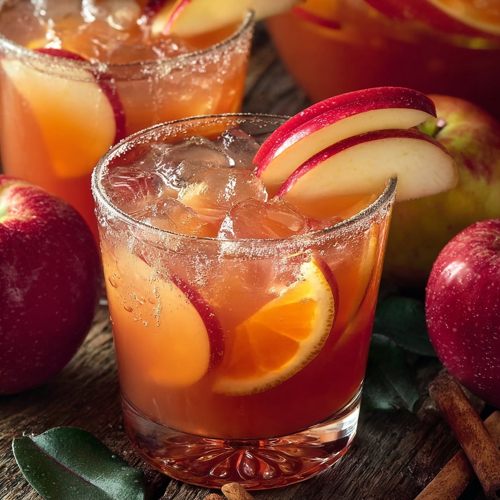 Beautiful finished fall punch in an elegant glass bowl garnished with apple slices and surrounded by autumn decorations