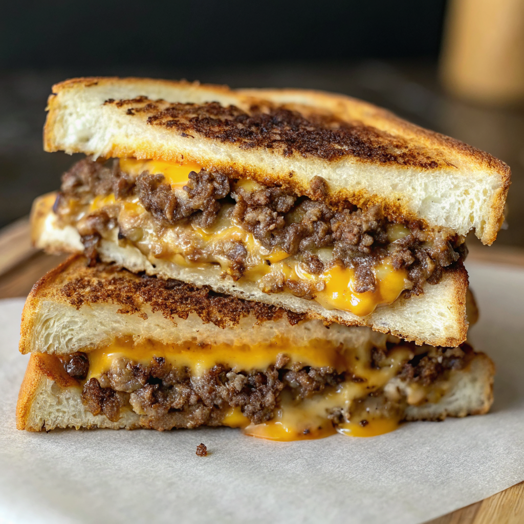 Perfectly golden Ultimate Cheesy Ground Beef Melt cut in half showing melted cheese stretching between layers of seasoned ground beef and crispy sourdough bread