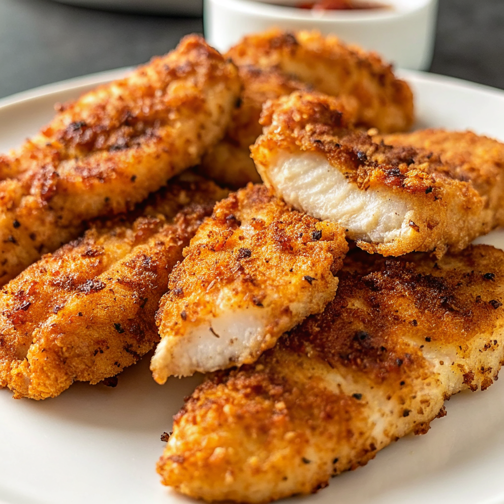Golden brown air fryer chicken tenders without breading served on a white plate with fresh herbs as garnish