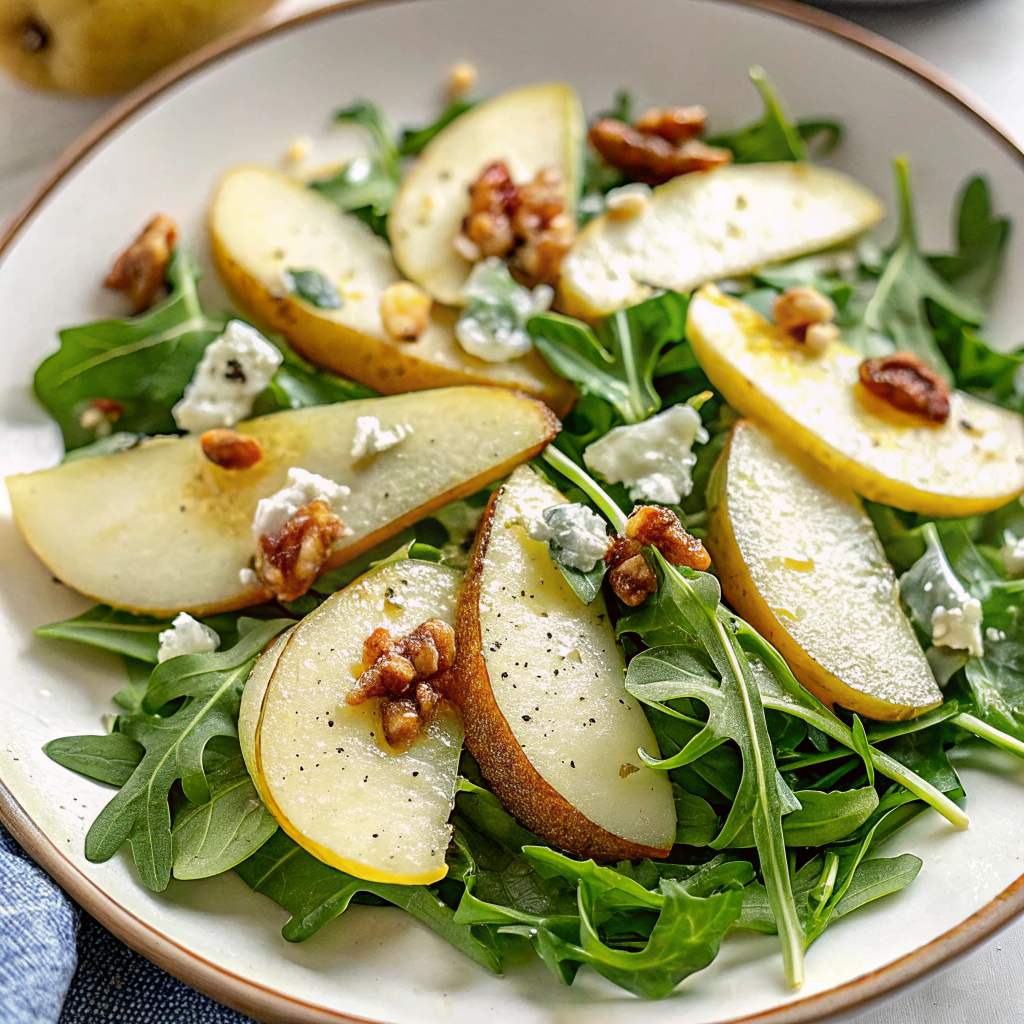 Beautiful finished arugula pear salad with blue cheese crumbles, toasted walnuts, and honey dijon dressing served in an elegant white bowl