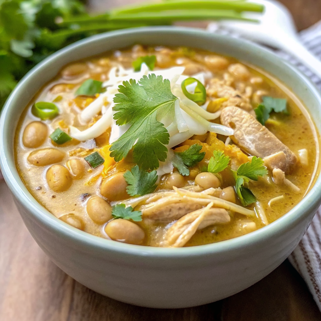 Final presentation of Award Winning White Chicken Chili Recipe with professional styling and garnish arrangement