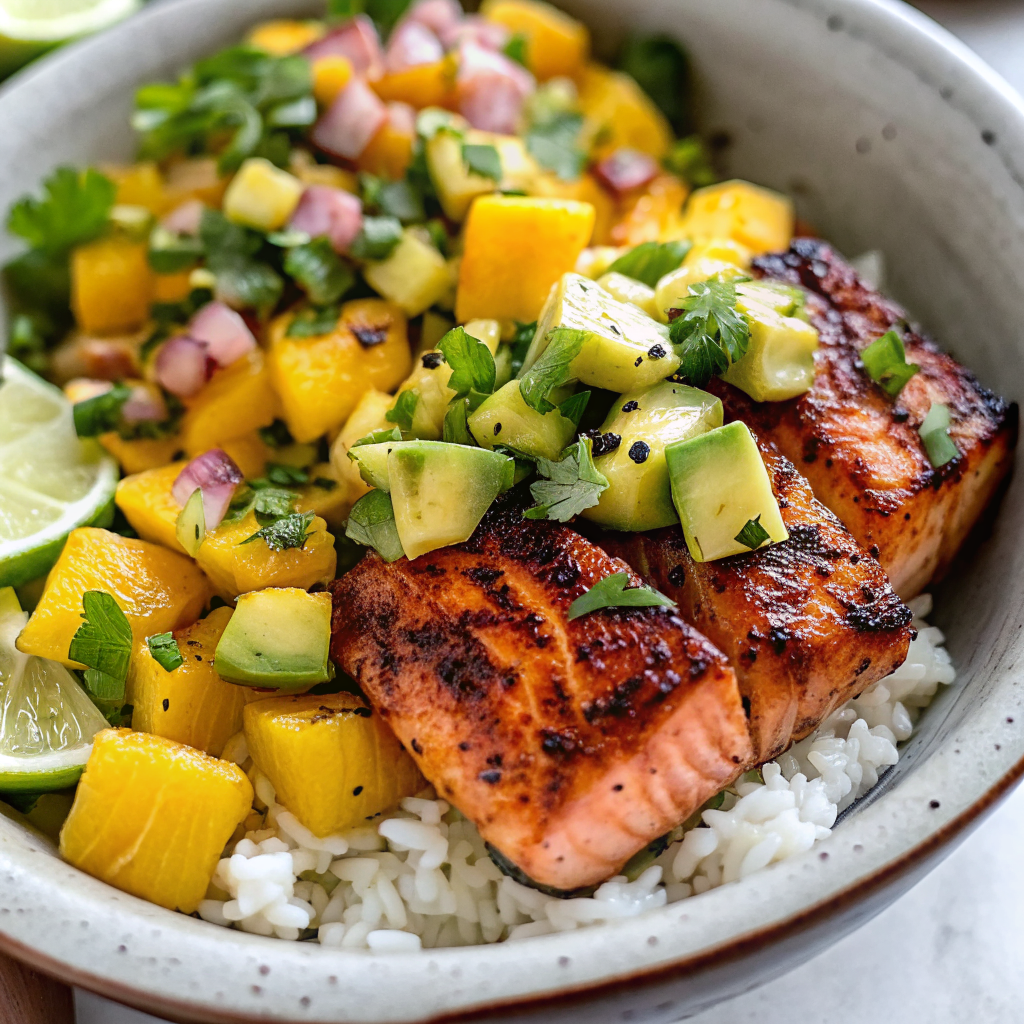 Beautifully plated BBQ Salmon Bowls with Mango Avocado Salsa in white ceramic bowls